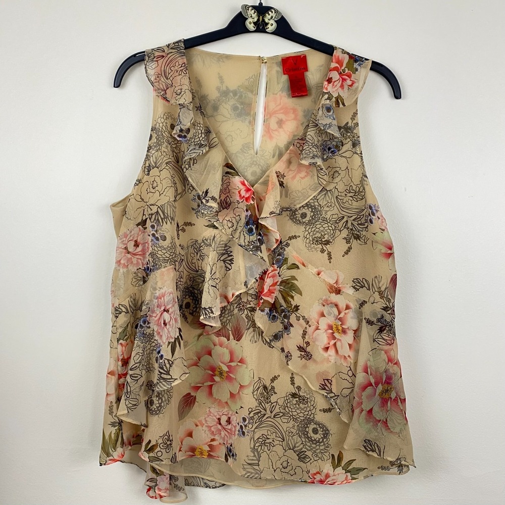 V Cristina Top Floral Size XL Ruffle V Neck Sleevelees Flowy Summer Beige